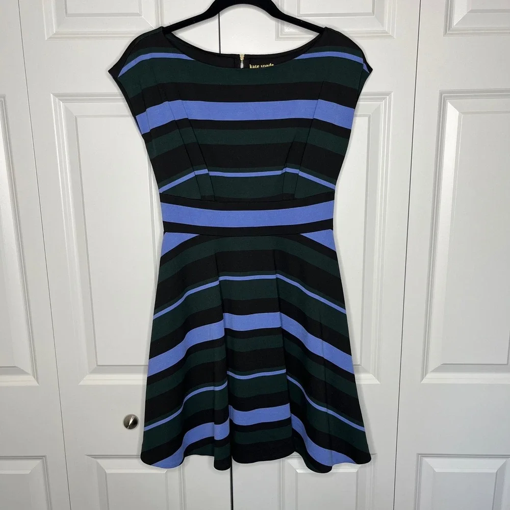 Kate Spade Striped Fit Flare Dress Small Blue Green Black Boat Neck Pockets